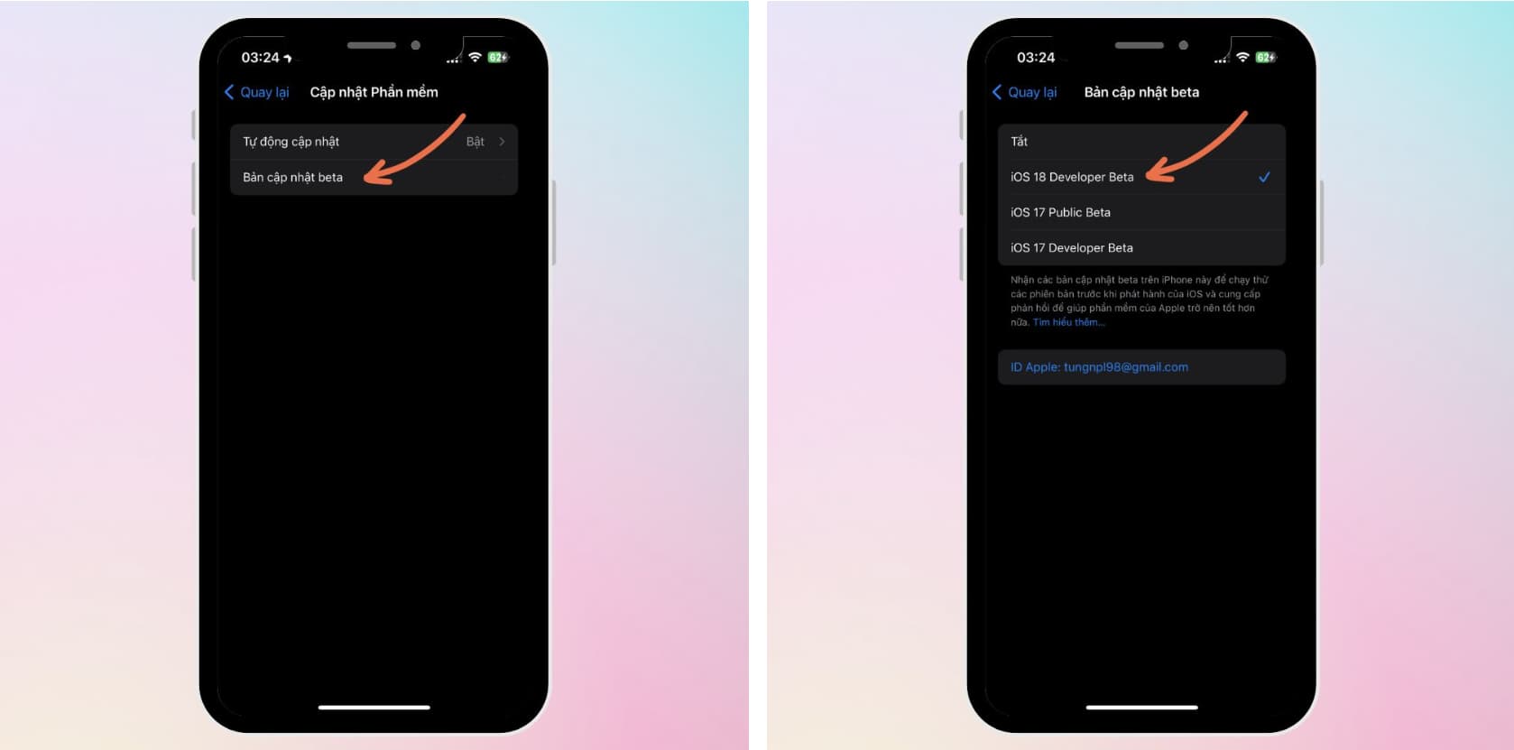Bước 5. Chọn Bản cập nhật Beta >> iOS 18 Developer Beta