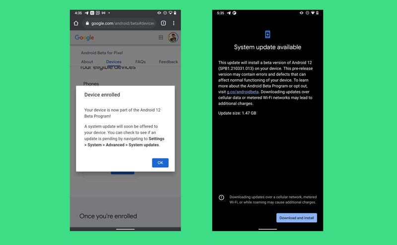 Download and Install để nâng cấp lên Android 12 Beta