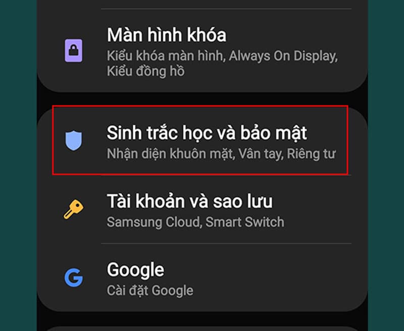 Bước 1: Chọn vào Cài đặt -> Chọn Sinh trắc học và bảo mật.
