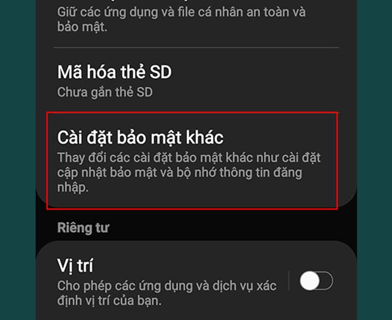 Bước 2: Tiếp theo bạn chọn Cài đặt bảo mật khác. Ảnh minh họa bên dưới