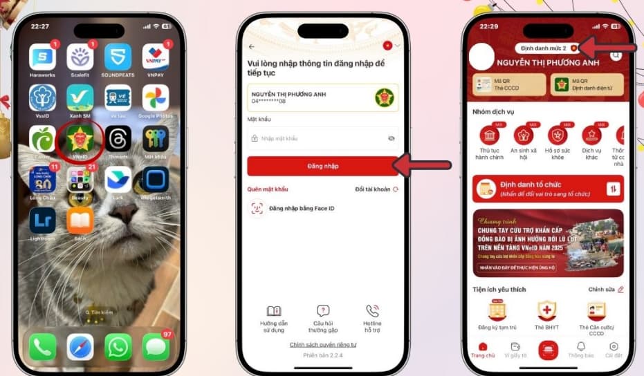 Bước 1: Sử dụng tài khoản định danh mức 2 đăng nhập VNeID