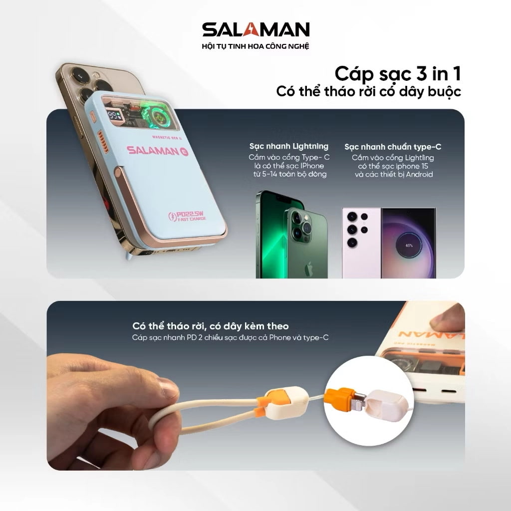 Cáp sạc 3in1 có thể tháo rời